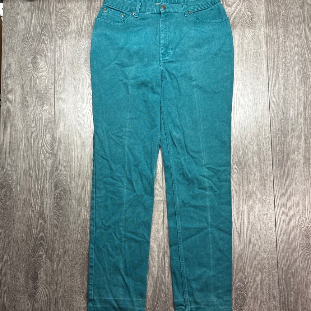Newport News Jeanology Teal Green Straight Leg Denim Pants Vintage High Rise 32